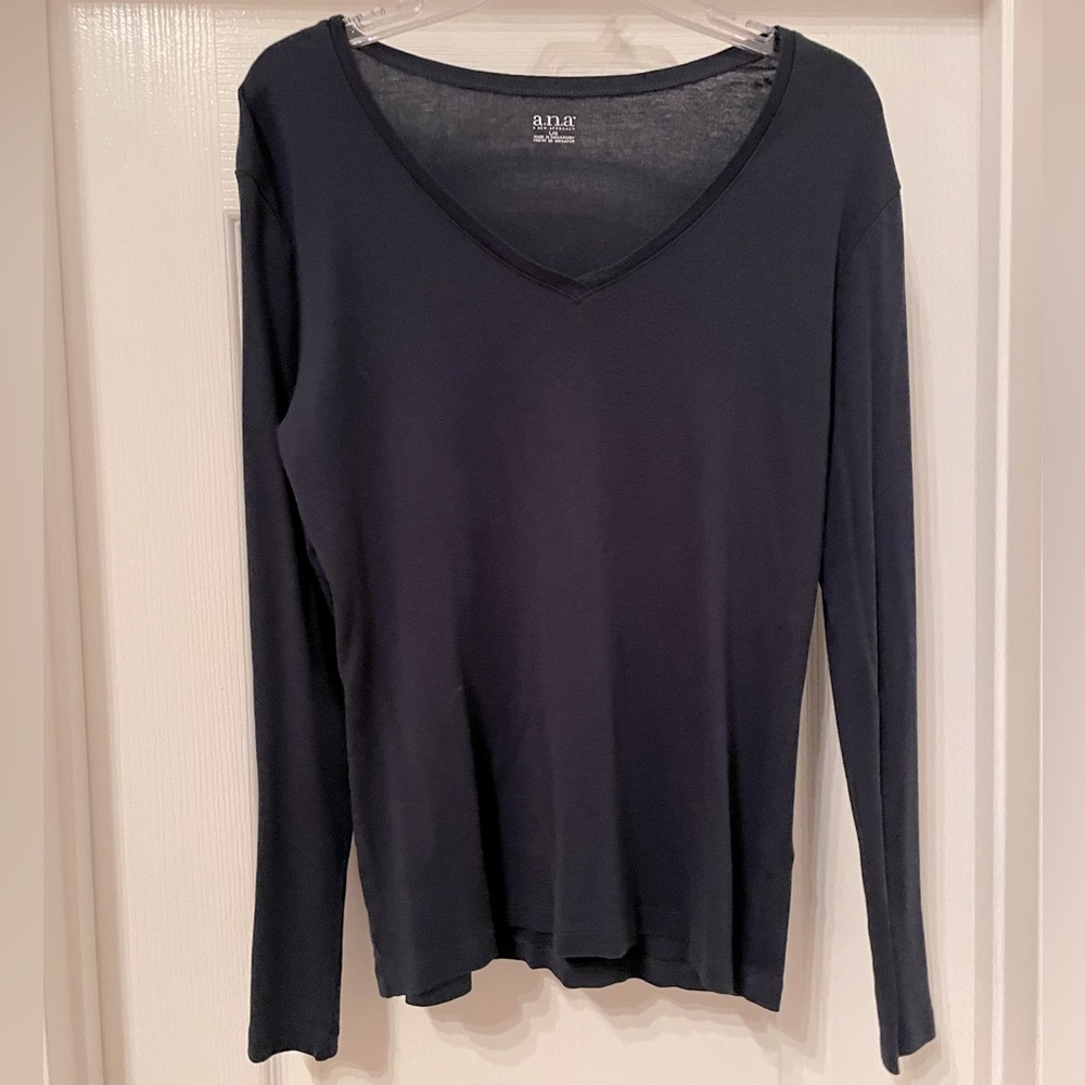 ANA a.n.a. long sleeve v neck tee top size Large- dark navy - Picture 1 of 5
